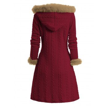 Cable Knit Plaid Faux Fur Panel Hooded Coat Horn Button Long Knitted Coat 