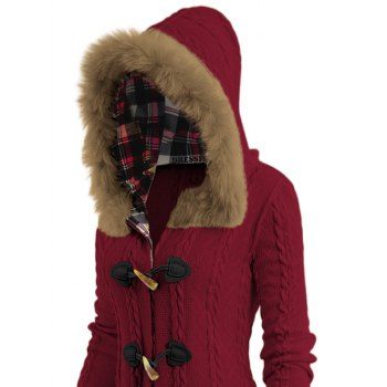 Cable Knit Plaid Faux Fur Panel Hooded Coat Horn Button Long Knitted Coat 