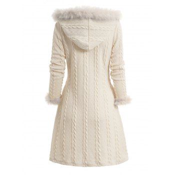 Cable Knit Plaid Faux Fur Panel Hooded Coat Horn Button Long Knitted Coat 