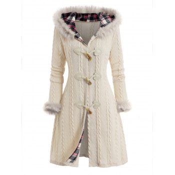 Cable Knit Plaid Faux Fur Panel Hooded Coat Horn Button Long Knitted Coat 