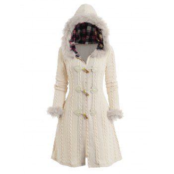Cable Knit Plaid Faux Fur Panel Hooded Coat Horn Button Long Knitted Coat 