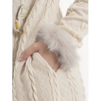 Cable Knit Plaid Faux Fur Panel Hooded Coat Horn Button Long Knitted Coat 