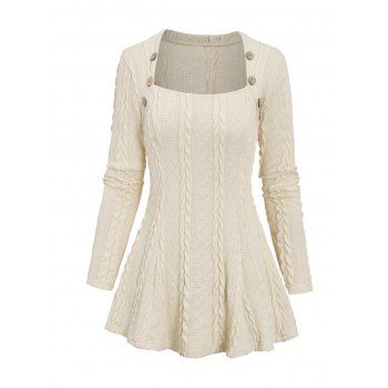 Solid Color Cable Knit Textured Mock Button Casual Sweater 