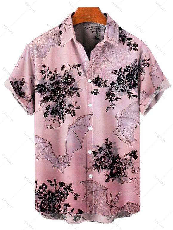 Chemise Décontractée Chauve-souris Imprimé Boutonnée à Manches Roulées pour Homme - Rose clair S