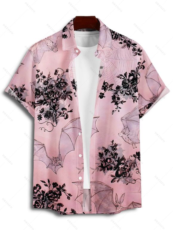 Chemise Décontractée Chauve-souris Imprimé Boutonnée à Manches Roulées pour Homme - Rose clair 2XL