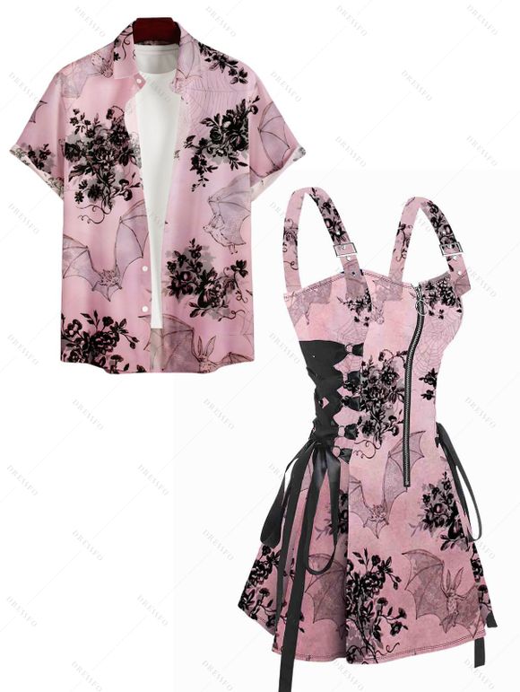 Bat Floral Spider Web Print Buckle Strap Lace Up Half Zipper Mini Dress And Roll Up Sleeve Shirt Matching Outfit - Rose clair S | US 4