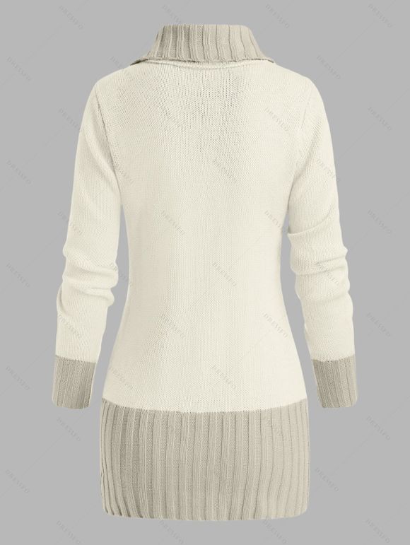 Pull Décontracté en Couleur Contrastée avec Bouton Corne à Col Plongeant - Beige L