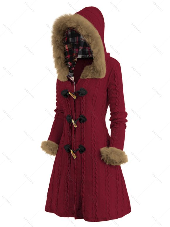 Manteau à Capuche Long Boutonné Panneau à Carreaux en Fausse Fourrure - Rouge foncé XL | US 12