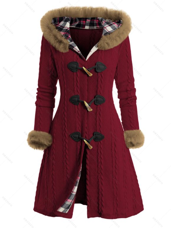 Manteau à Capuche Long Boutonné Panneau à Carreaux en Fausse Fourrure - Rouge foncé XXL | US 14
