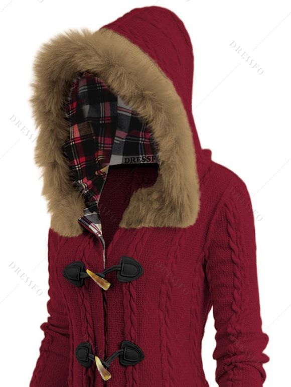 Manteau à Capuche Long Boutonné Panneau à Carreaux en Fausse Fourrure - Rouge foncé XXL | US 14