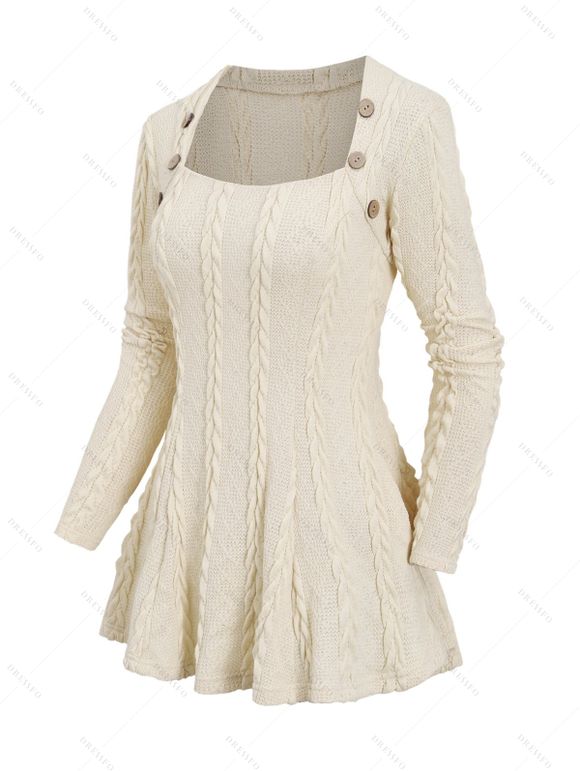 Pull Décontracté Texturé en Tricot à Câble en Couleur Unie avec Bouton - Beige S | US 4