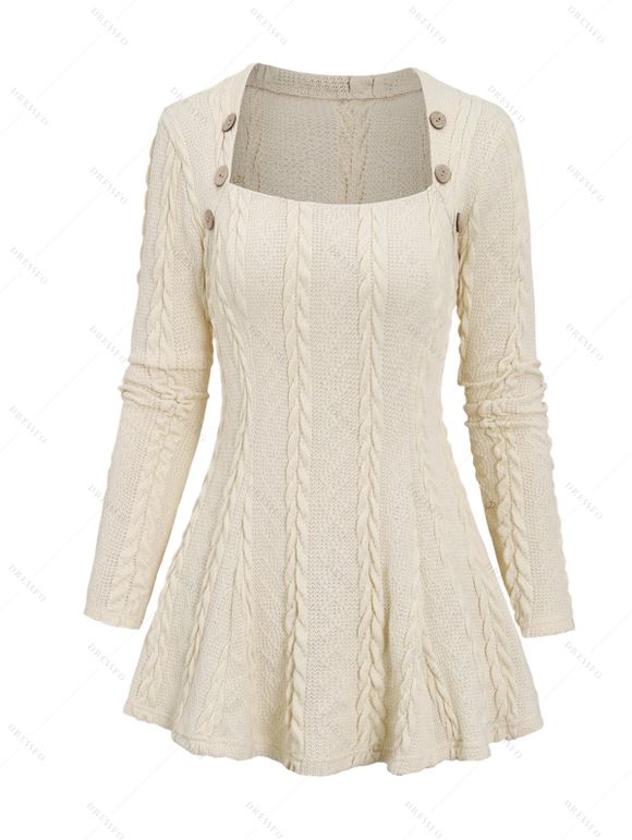 Pull Décontracté Texturé en Tricot à Câble en Couleur Unie avec Bouton - Beige XXL | US 14