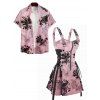 Bat Floral Spider Web Print Buckle Strap Lace Up Half Zipper Mini Dress And Roll Up Sleeve Shirt Matching Outfit - Rose clair S | US 4