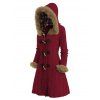 Cable Knit Plaid Faux Fur Panel Hooded Coat Horn Button Long Knitted Coat - DEEP RED M | US 6