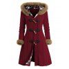 Cable Knit Plaid Faux Fur Panel Hooded Coat Horn Button Long Knitted Coat - DEEP RED M | US 6