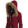 Cable Knit Plaid Faux Fur Panel Hooded Coat Horn Button Long Knitted Coat - DEEP RED M | US 6