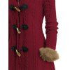 Cable Knit Plaid Faux Fur Panel Hooded Coat Horn Button Long Knitted Coat - DEEP RED M | US 6