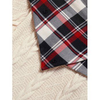 Cable Knit Hooded Dress Plaid Print Panel Mock Button High Waisted Long Sleeve A Line Mini Dress 