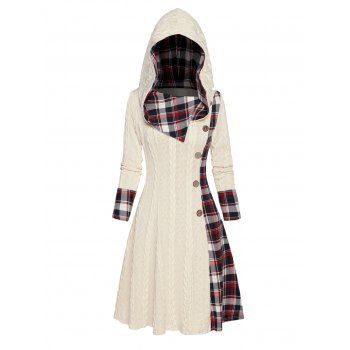 Cable Knit Hooded Dress Plaid Print Panel Mock Button High Waisted Long Sleeve A Line Mini Dress 