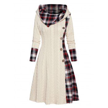 Cable Knit Hooded Dress Plaid Print Panel Mock Button High Waisted Long Sleeve A Line Mini Dress 