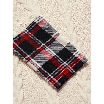 Cable Knit Hooded Dress Plaid Print Panel Mock Button High Waisted Long Sleeve A Line Mini Dress 
