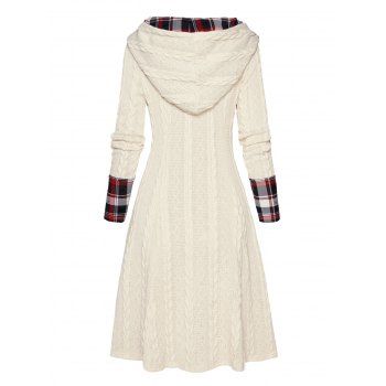 Cable Knit Hooded Dress Plaid Print Panel Mock Button High Waisted Long Sleeve A Line Mini Dress 