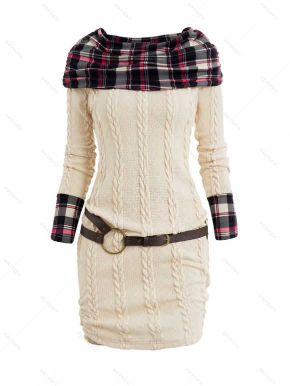 Plaid Panel Cable Knit Belted Sweater Dress and Chunky Heel Lace Up Boots Life Tree Pattern Drop Earrings Outfit - café lumière S | US 4