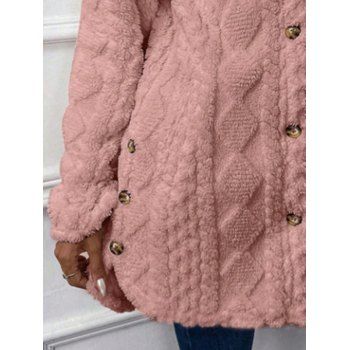 Solid Color Textured Button Up Long Fluffy Hooded Coat