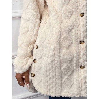 Solid Color Textured Button Up Long Fluffy Hooded Coat