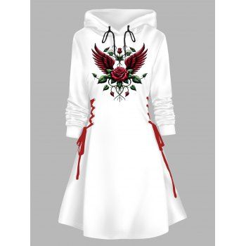 Rose Wing Print Contrast Lace Up Hooded Dress Drawstring Long Sleeve Mini Dress 