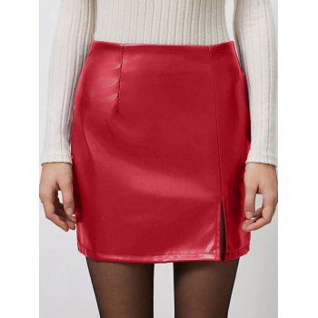 Solid Color Split Hem Zip Up PU Mini Skirt 