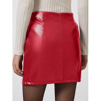 Solid Color Split Hem Zip Up PU Mini Skirt 