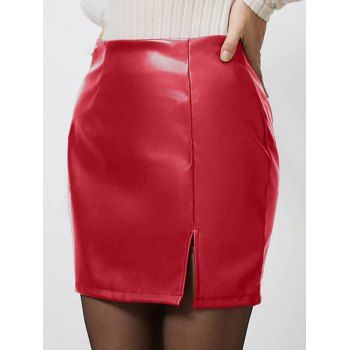 Solid Color Split Hem Zip Up PU Mini Skirt 