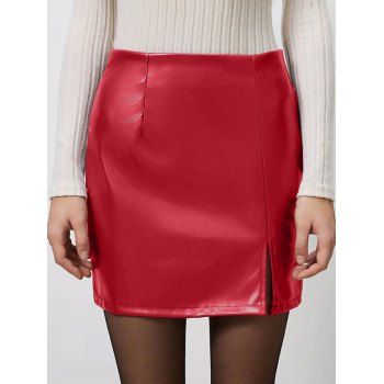 Solid Color Split Hem Zip Up PU Mini Skirt