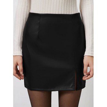 Solid Color Split Hem Zip Up PU Mini Skirt 