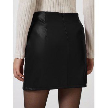 Solid Color Split Hem Zip Up PU Mini Skirt 