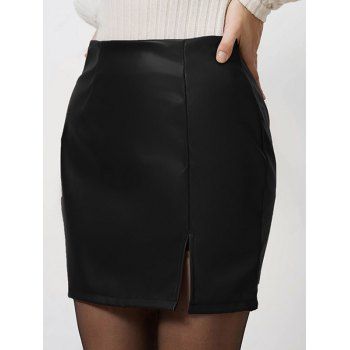 Solid Color Split Hem Zip Up PU Mini Skirt 