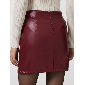 Solid Color Split Hem Zip Up PU Mini Skirt 