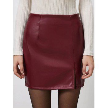 Solid Color Split Hem Zip Up PU Mini Skirt 