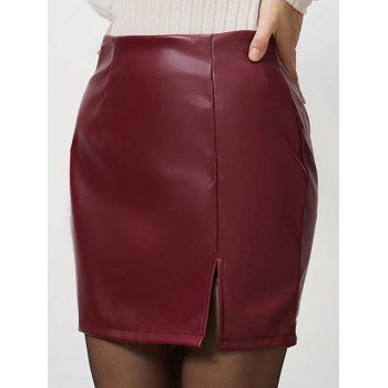 Solid Color Split Hem Zip Up PU Mini Skirt 