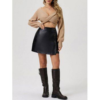 Button Up Solid Color PU Mini Skirt