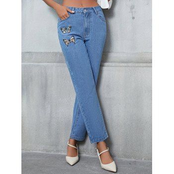 Butterfly Embroidery Long Zip Fly Casual Jeans