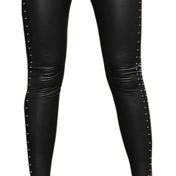 Rivets Bowknot Split Hem High Waist Faux Leather Pants 