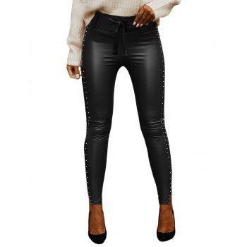 Rivets Bowknot Split Hem High Waist Faux Leather Pants 