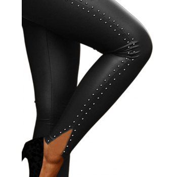Rivets Bowknot Split Hem High Waist Faux Leather Pants 