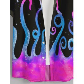 Men's Galaxy Octopus Print Roll Up Sleeve Shirt Button Up Short Sleeve Casual Gentleman Shirt