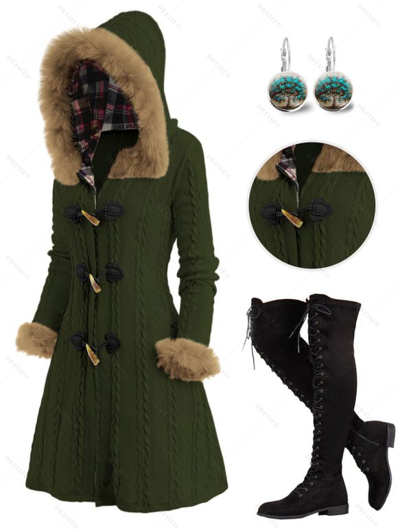 Cable Knit Plaid Horn Button Faux Fur Hooded Coat And Lace Up Over The Knee Boots Tree of Life Drop Earrings Outfit - Vert profond S | US 4