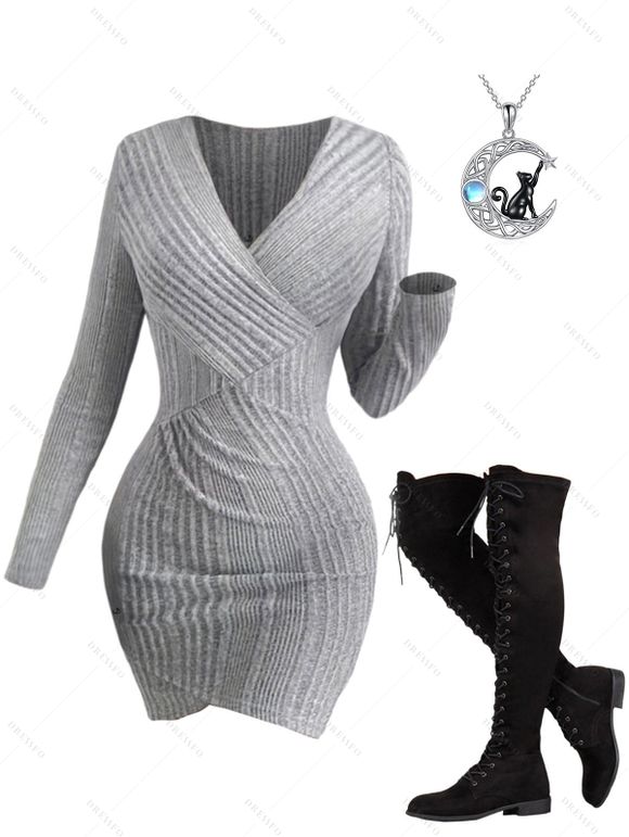 Ribbed Tulip Hem Surplice V Neck Mini Bodycon Dress And Lace Up Over The Knee Boots Rhinestone Moon Cat Star Chain Necklace Outfit - Gris Clair S | US 4