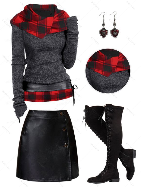 Plaid Print Knit Hooded Top And Button Up PU Mini Skirt Lace Up Over The Knee Boots Gothic Drop Earrings Outfit - Noir S | US 4