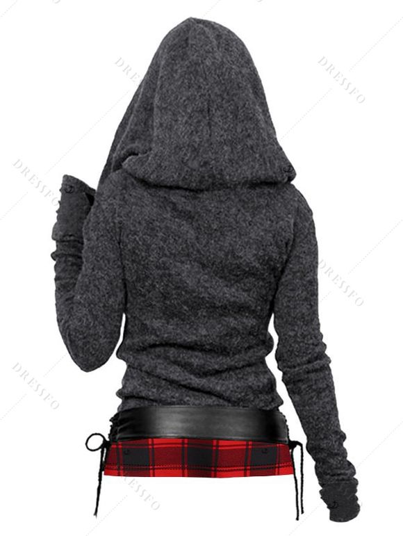 Plaid Print Knit Hooded Top And Button Up PU Mini Skirt Lace Up Over The Knee Boots Gothic Drop Earrings Outfit - Noir S | US 4